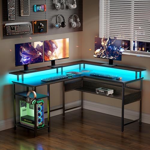 Rolanstar Computer Desk L Shaped 59'' with LED Lights and Power Outlets, Reversible L Shaped Gaming Desk with Monitor Stand, Home Office Desk with Storage, Desk with USB Port and Hook, Black