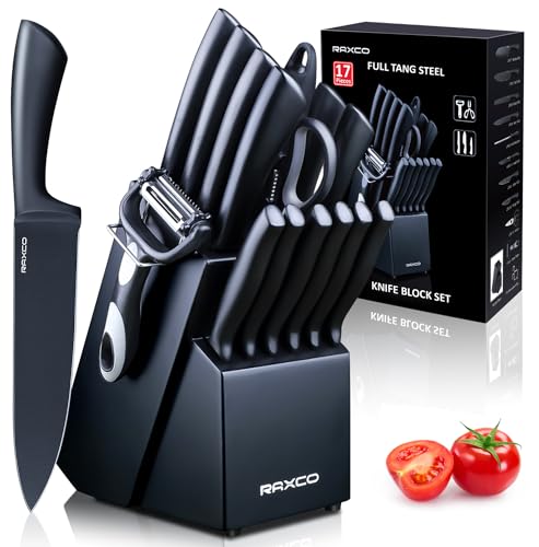 RAXCO Knife Set, Kitchen Knife Set,Knife Block Set, Chef Knife Set with Block for Kitchen, Black Knife Set,Steak Knives,Knife Sharpner,Black…