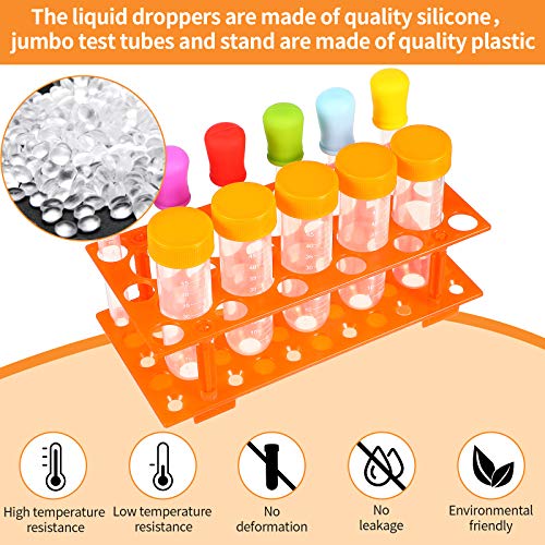 Weewooday 12 Pieces Jumbo Test Tubes with Stand Set, Primary Science Including 5 Pieces Jumbo Test Tubes, 6 Pieces Liquid Droppers Silicone and 1 Piece Storage Stand, Multi-Color, Ages 3 and Above