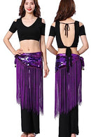 ZLTdream Glitter Sequin Belly Dance Hip Scarf Fringe Belt Wrap Skirt for Women Outfit Accessory Costume with Tassel Fringe, Dark Purple, One size