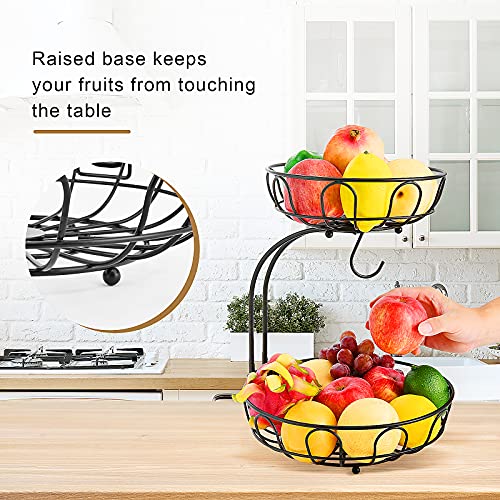 2 Tier Fruit Basket for Kitchen Countertop Detachable Metal Wire Fruits Vegetable Storage Bowl Tiered Stand Holder with Banana Hanger for Dining Table Organizer