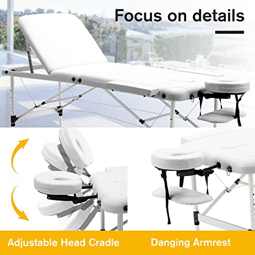 Advwin Massage Table Portable Massage Bed 70cm 3 Fold Massage Therapy Table Spa Bed Adjustable Salon Bed Face Cradle Bed White