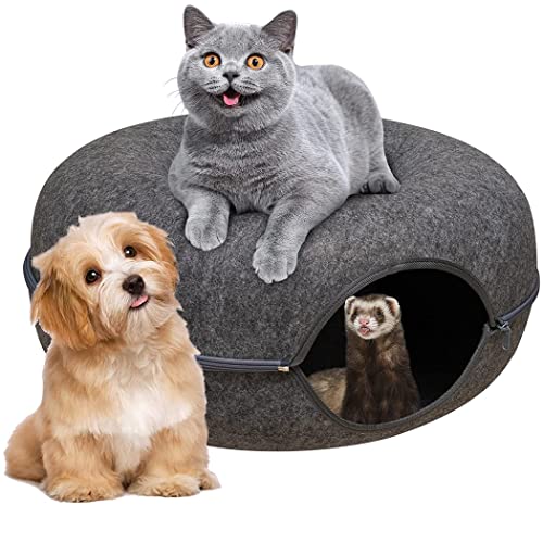 iDopick Cat Tunnel Bed,Detachable Felt Tunnel Cat Nest, Four Seasons Available Round Cat Condo and Cat Cave with Peek Hole, Semi-Closed Washable Interior Cat Play Tunnel for Dogs Cats