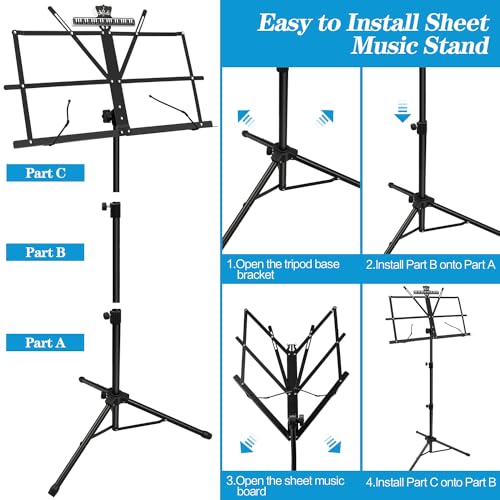 Music Stand, 1/2/4 Pack 2 in 1 Dual-Use Folding Sheet Music Stand, Lightweight Portable Adjustable Desktop Book Stand with Music Sheet Clip Holder & Carrying Bag(1 Pack Black)