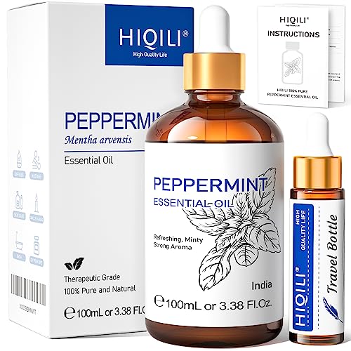 HIQILI Peppermint Essential Oil, 100% Pure Natural Organic Therapeutic Grade for Diffuser, Hair, Massage, Add to Spray, Shampoo, Conditioner, Massage Oil - 3.38 Fl. Oz