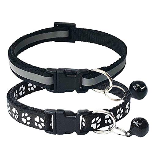 CHBORCHICEN 2-Pack Reflective & Footprint Small Pet Dog Cat Regular Collar with Bell Buckle Adjustable Polyester Cat Dog Collar or Seatbelts (Small, Black)