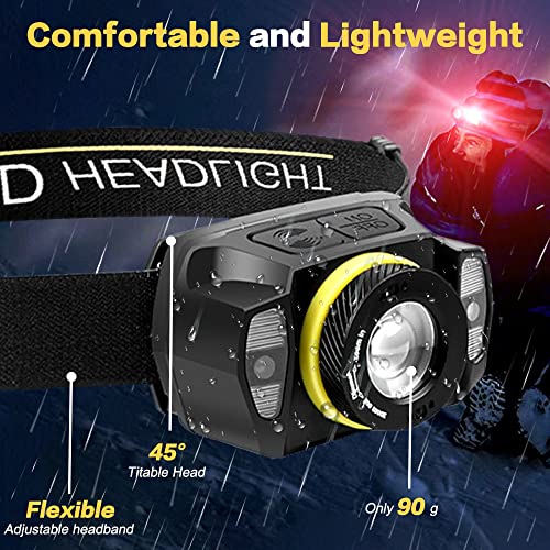 Necomi LED Rechargeable Headlamp,650 Lumens 1200mAh Battery 5 Modes Multi-Function Headlight Flashlight, Waterproof Head Torch with Red Light for Camping Running Cycling Fishing