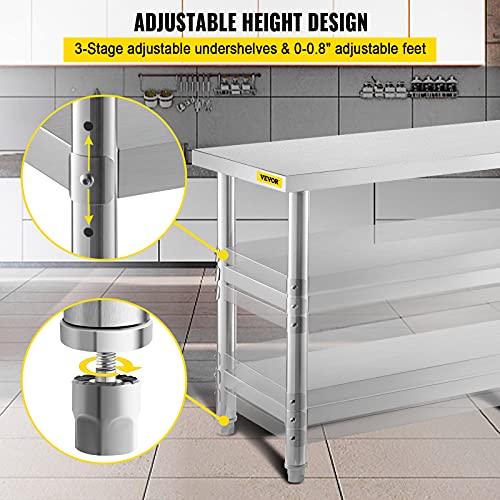 VEVOR Stainless Steel Prep Table, 48x18x33 in Commercial Stainless Steel Table, 2 Adjustable Undershelf BBQ Prep Table, Heavy Duty Kitchen Work Table, for Garage, Home, Warehouse, and Kitchen Silver