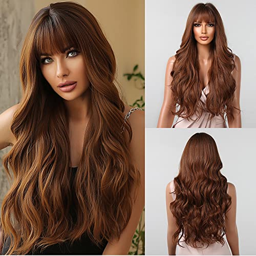 Long Ombre Brown Wavy Curly Wigs for Black Women Synthetic Curly Wig with Fringe Cosplay Wig Natural Looking