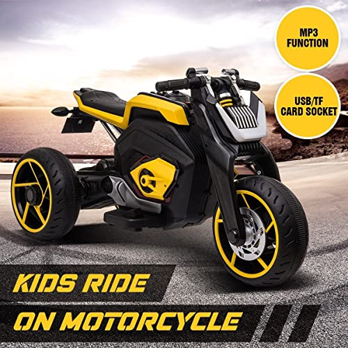 6V Kids Electric Car Ride On Motorcycle Flashing Lights w/Music,3 Wheels Play Toy Motorbike,Black&Yellow