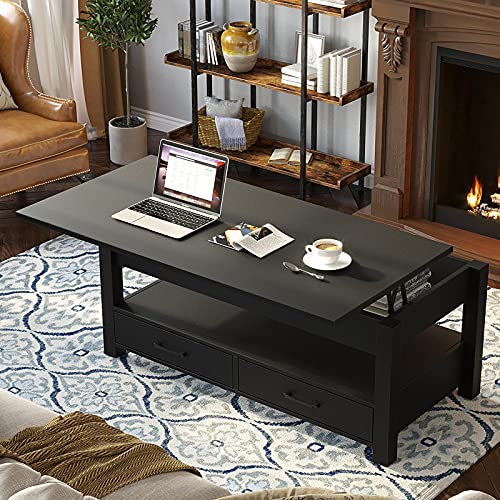 Rolanstar Coffee Table, Lift Top Coffee Table with Drawers and Hidden Compartment, Retro Central Table with Wooden Lift Tabletop, for Living Room, Black