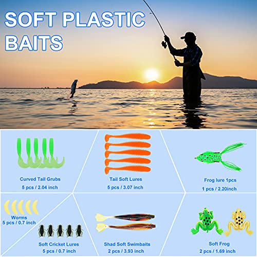 Soft Fishing Lures Kit for Bass, Baits Tackle Including Trout, Salmon,  Spoon Lures, Soft Plastic Worms, CrankBait, Jigs, Fishing Lure Set with Free