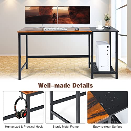 Giantex Industrial Computer Desk, 150cm Large Writing Workstation with 2-Tier Storage Shelf & Headphone Hook, Laptop Study Desk with Heavy-Duty Steel Frame, Spacious Tabletop (Rustic)