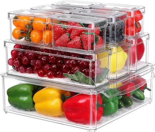 Fridge Clear Organizer Bins Stackable - 10 Pack Refrigerator Organizer Bins with Lids, BPA-Free Produce Fruit Storage Containers for Storage Clear for Food, Drinks, Vegetable Storage