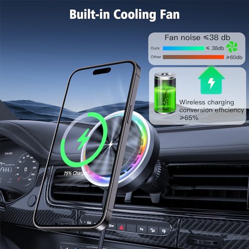 ZenGoose for MagSafe Car Mount Charger, 15 W Mobile Phone Holder Car with Charging Function for iPhone 15 Pro Max/14/13/12 Series, Charger with Cooling Fan
