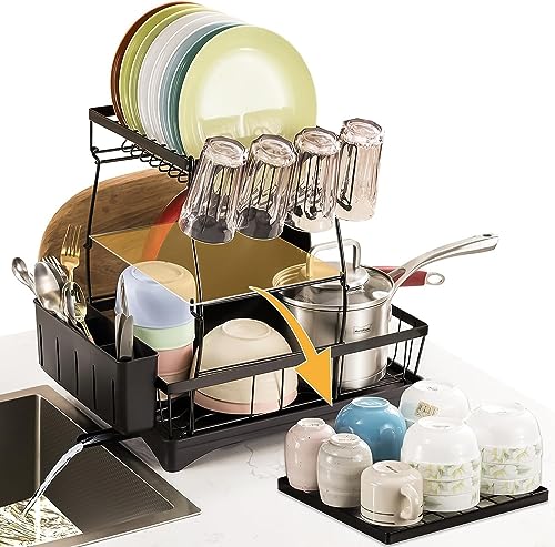 AILRINNI Dish Drying Rack - Detachable 3 Tier Dish Rack and Drainboard Set, Large Capacity Dish Drainer Organiser Shelf with Utensil Holder, Cup Rack for Kitchen Counter, Black
