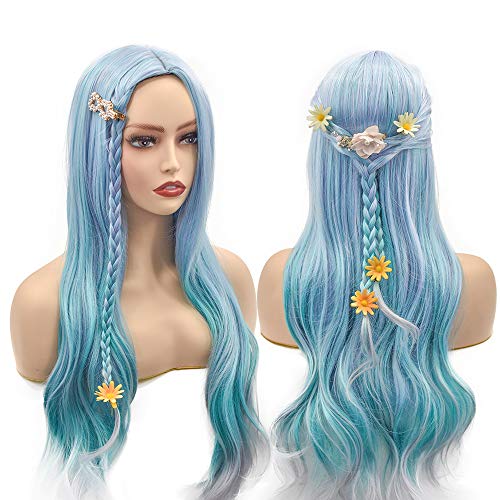 Long Wavy Hair Mixed Violet Blue Green Light Gray Heat Resistant Synthetic Wigs For Women Middle Part Halloween Party Wigs