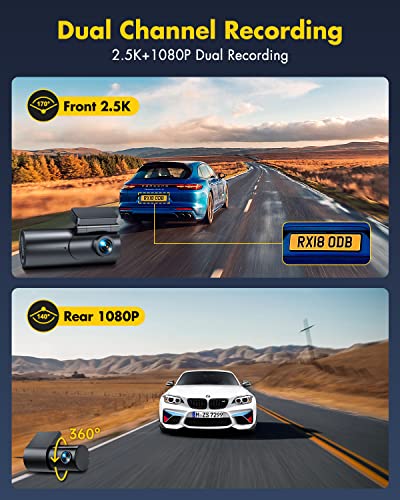 GKU 4K WiFi Dash Cam, Dual Front & Rear 2.5K+1080P, Hidden Car Camera with Night Vision, Free SD Included, Loop Recording, G-Sensor, WDR, Parking Monitor, Supports up to 256GB