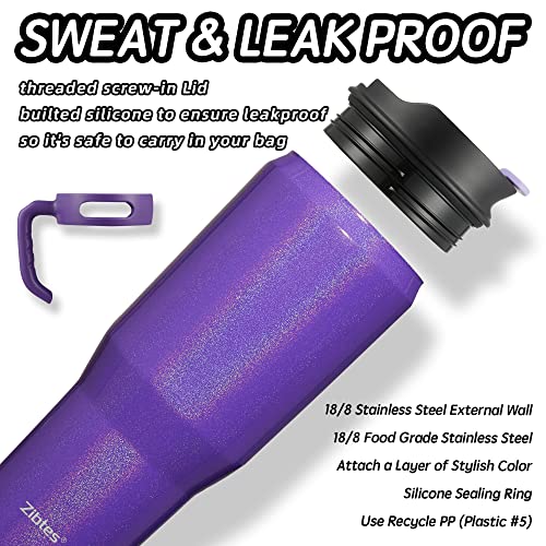 Zibtes 40oz Insulated Tumbler With Lid and Straws, Stainless Steel Double Vacuum Coffee Tumbler With Handle, Keeps Drinks Cold up to 34 Hours or Hot for 12 Hours(Glitter Purple 1 pack)
