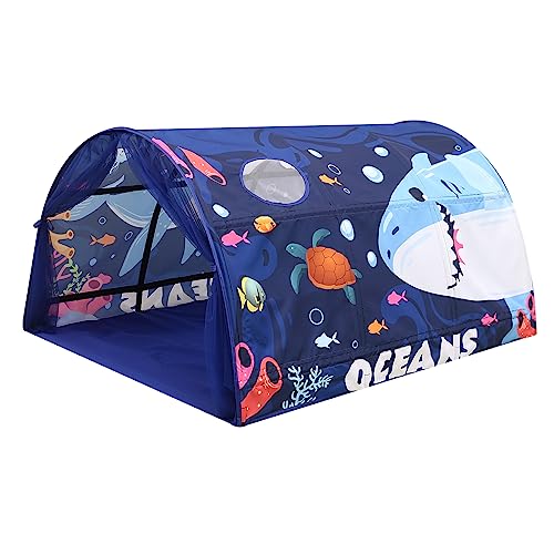 Lucky castle Bed Tent for Kids Toddler Foldable Game House Children Play Tents Breathable Cottage Combination Sleeping Canopy Playhouse Double Net Curtain with Storage Bag, Ocean,(bed tent-ocean)