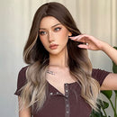 HAIRCUBE Long Hair Wigs for Women Ombre Color Brown to Blonde Synthetic Curly Hair Wig Middle Parting