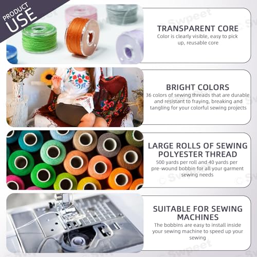 Swpeet 72Pcs 36 Colors Bobbins Sewing Threads Kit, Prewound Bobbins and Thread Spools per Polyester Sewing Thread Spools for Sewing Machine, Sewing Supplies for Hand, Travel, DIY and Home