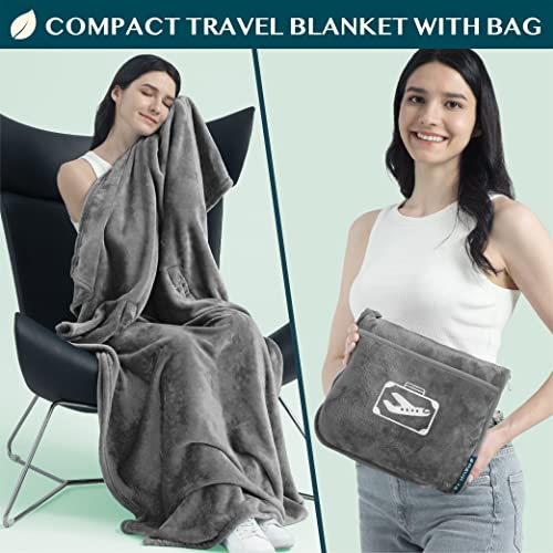 PAVILIA Travel Blanket Pillow in Soft Bag with Pockets, Airplane Blanket Set, Plane Blanket Compact Packable, Flight Essentials Car Pillow, Travelers Accessories Gifts, Luggage Strap, Grey