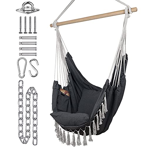 KOMOREBI Hammock Chair | Hanging Rope Swing for Indoor & Outdoor | Soft & Durable Cotton Canvas | 2 Cushions Included | Large Macrame Hanging Chair with Pocket for Bedroom, Patio, Porch (Grey)