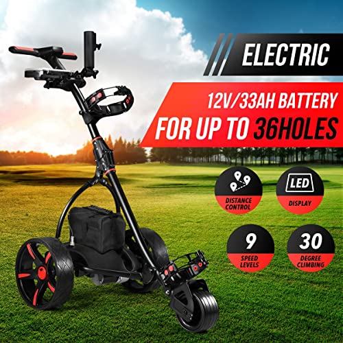 Electric Golf Trolley Foldable Push Golf Buggy Cart 3 Wheel 3 Distance Control LED Display- Black & Red