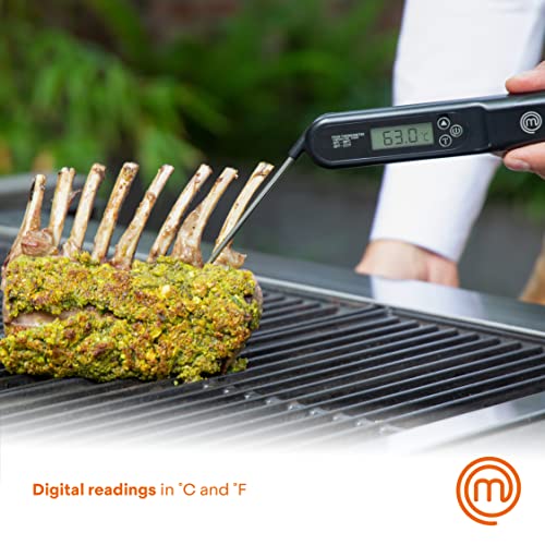 MasterChef Meat Thermometer Digital, Wireless Temperature Probe for Food (Steak, Chicken) & Liquids (Coffee, Tea, Milk), Portable BBQ Grill Gadget, Instant Read LED Display (°F & °C), Foldable, Black