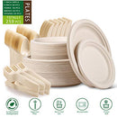 Paper Plates Heavy Duty,Paper Plates Set,Dinner Plates Set,Sugarcane Disposable Paper Plates Set Eco,9 Inch and 7 Inch Party Plates,Forks,Knives and Spoons Set for 50 People [250 PCS]