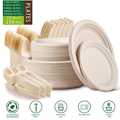 Paper Plates Heavy Duty,Paper Plates Set,Dinner Plates Set,Sugarcane Disposable Paper Plates Set Eco,9 Inch and 7 Inch Party Plates,Forks,Knives and Spoons Set for 50 People [250 PCS]