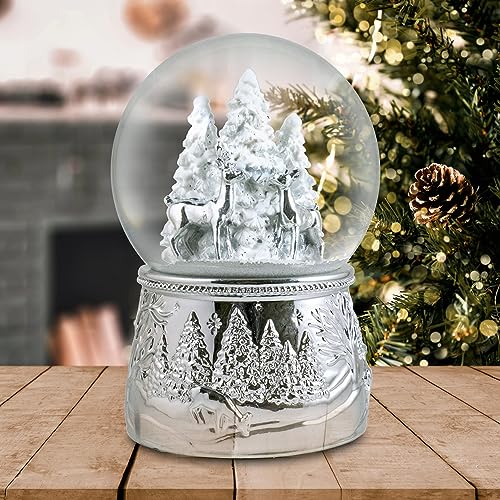 100mm Silver Reindeer in The Woods Snow Globe by The San Francisco Music Box Company