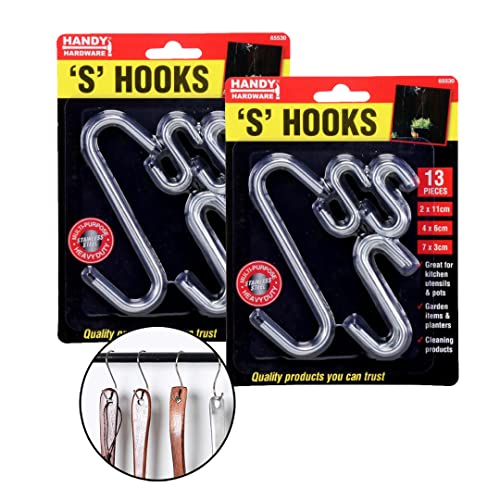 [26PCE] Handy Hardware - Hooks S Shaped Hanging Hooks Stainless Steel Metal Durable Heavy Duty Practical Hangers (13pcs/Pack x 2Pack) 11cm, 6cm, 3cm