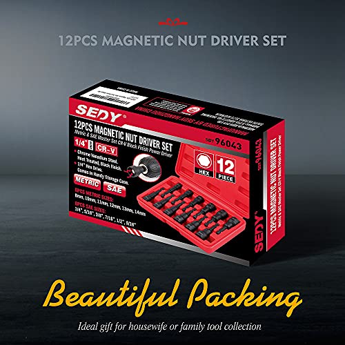 12-Piece Magnetic Nut Driver Set - Premium Impact Power Hex Nut Driver Drill Bit Master Kit, SAE & Metric, 1/4-Inch Quick-Change