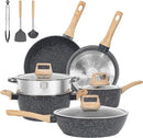 SODAY 12pcs Pots and Pans Set Non Stick Kitchen Cookware Sets Induction Cookware Nonstick Granite Cooking Set with Frying Pans, Saucepans, Steamer Silicone Shovel Spoon & Tongs (Black)