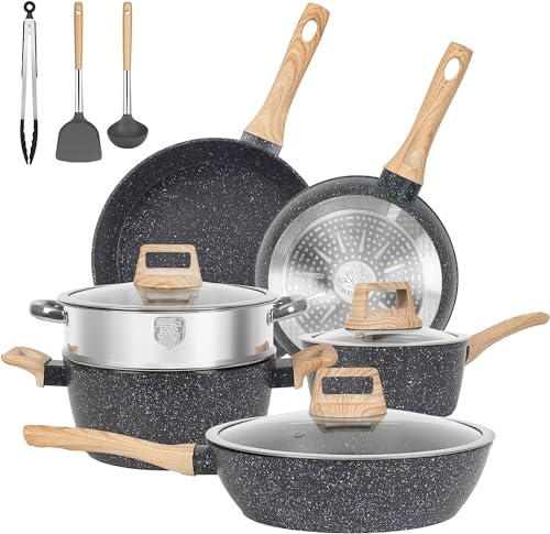 SODAY 12pcs Pots and Pans Set Non Stick Kitchen Cookware Sets Induction Cookware Nonstick Granite Cooking Set with Frying Pans, Saucepans, Steamer Silicone Shovel Spoon & Tongs (Black)