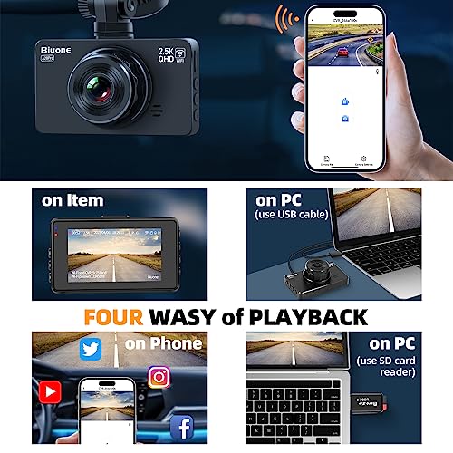 Dash Cam Front and Rear, Dash Camera for Cars WiFi Car Camera Dash Cam W/Free 64G SD Card, 2.5K Front Dash Cam+1080P Rear Dashcams W/Super Night Vision, Loop Recording, G-Sensor, Support 256GB Max