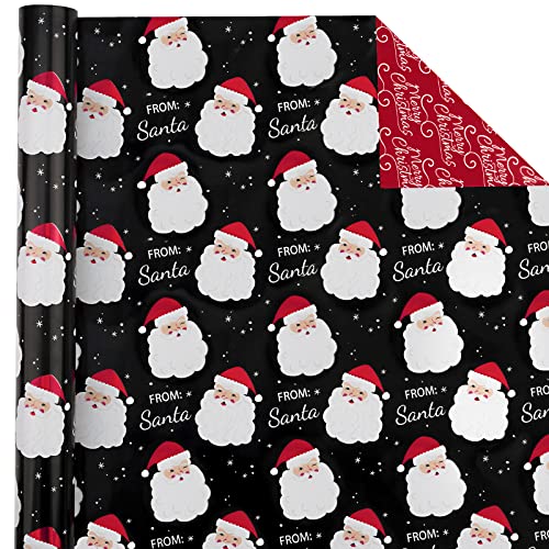 WRAPAHOLIC Reversible Christmas Wrapping Paper - Mini Roll - 17 Inch X 33 Feet - Black Jolly Santa Claus, Red Merry Christmas Script Design with Metallic Foil Shine for Holiday, Party