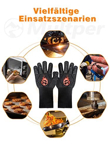 BBQ Gloves, 800℃ Upgraded Heat Resistant Oven Gloves with Fingers, Fireproof Gloves Heat Proof Oven Mitts with Non-Slip Silicone for Kitchen, Grilling, Baking, Microwave- Black
