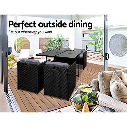 Gardeon Outdoor Dining Set 5pcs Rattan Wicker Lounge Setting Table and Chairs, Patio Conversation Sets Furniture Garden Backyard, Weather-Resistant Cushions Storage Cover Black Glass Tabletop