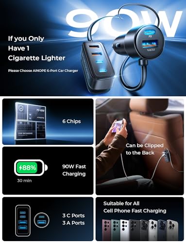 AINOPE 90W USB C Car Charger 6-Port, Super Fast USB Car Charger Fast Charging, PD 30W & QC3.0 Cigarette Lighter Car USB Charger Multi Port with 5FT Cable for iPhone 15/iPad Pro/Samsung S23 Ultra