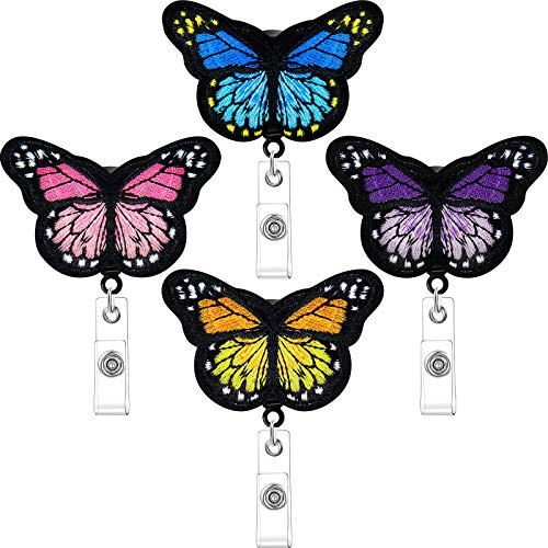 4 Pieces Butterfly Badge Reels Retractable Nurse Badge Holder Cute Butterfly ID Badge Reel with Alligator Clips for Nurses, Volunteers, Students, Teachers (Pink, Yellow, Cyan, Purple)