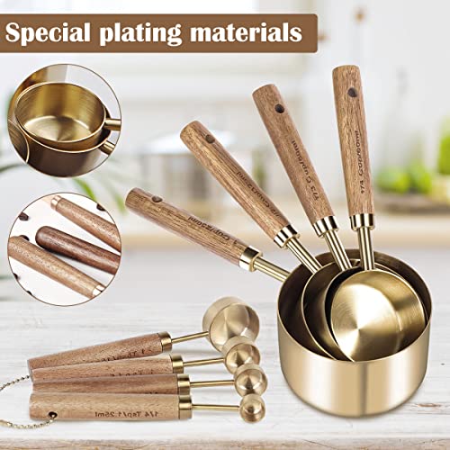 8Pcs Measure Cup and Spoon Set with Wooden Handle Gold Measuring Cup Spoon Set Stainless Steel Stackable Kitchen and Baking Measurement Kitchen Accessories for Home Kitchen Party