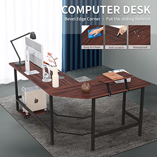 ADVWIN L-Shaped Desk Computer Desk, Wood Corner Gaming Desk, Home Office Writing Desk Modern Workstation with Tower Stand for Study Room, Gaming Room, Walnut