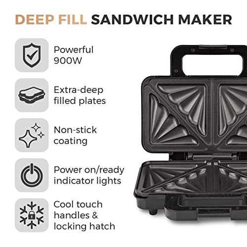 Tower T27031RG Deep Filled Sandwich Maker with Non-Stick Coated Plate and Automatic Temperature Control, 900W, Rose Gold