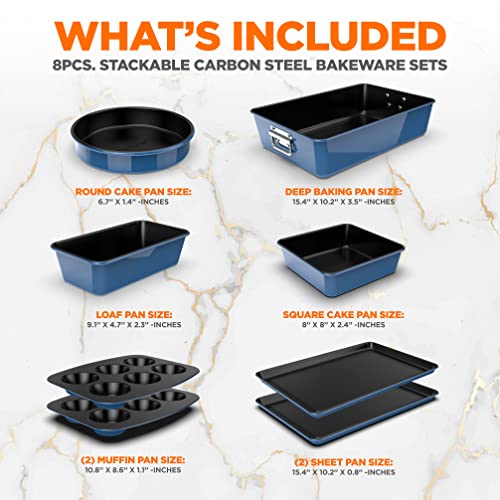 8-Piece Nonstick Stackable Bakeware Set - PFOA, PFOS, PTFE Free Baking Tray Set w/Non-Stick Coating, 450°F Oven Safe, Round Cake, Loaf, Muffin, Wide/Square Pans, Cookie Sheet (Blue)