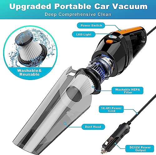 Portable Car Vacuum Cleaner High Power 8000PA/100W/DC12V, 5 Meters Super Long Corded Handheld Car Vacuum with LED Light, Deep Detailing Cleaning Kit of Car Interior with Dry for Men/Women