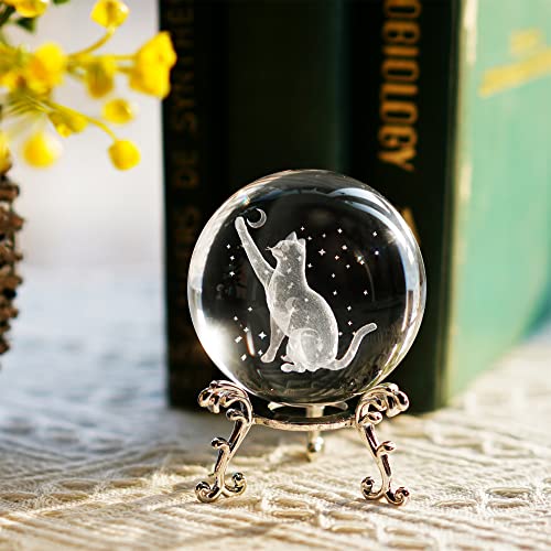 ZEERSHEE 60mm 3D Cat Crystal Ball Figurine Glass Laser Engraved Cat Moon Star Crystal Ball with Stand Glass Sphere Paperweights Cat Gifts for Cat Lovers Women