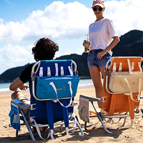 SunnyFeel Reclining Beach Chair Outdoor Folding Lounge Chairs for Adults 5 Position Adjustable with Cooler Bag and Cushioned Neck Rest Backpack Straps, Orange Wave